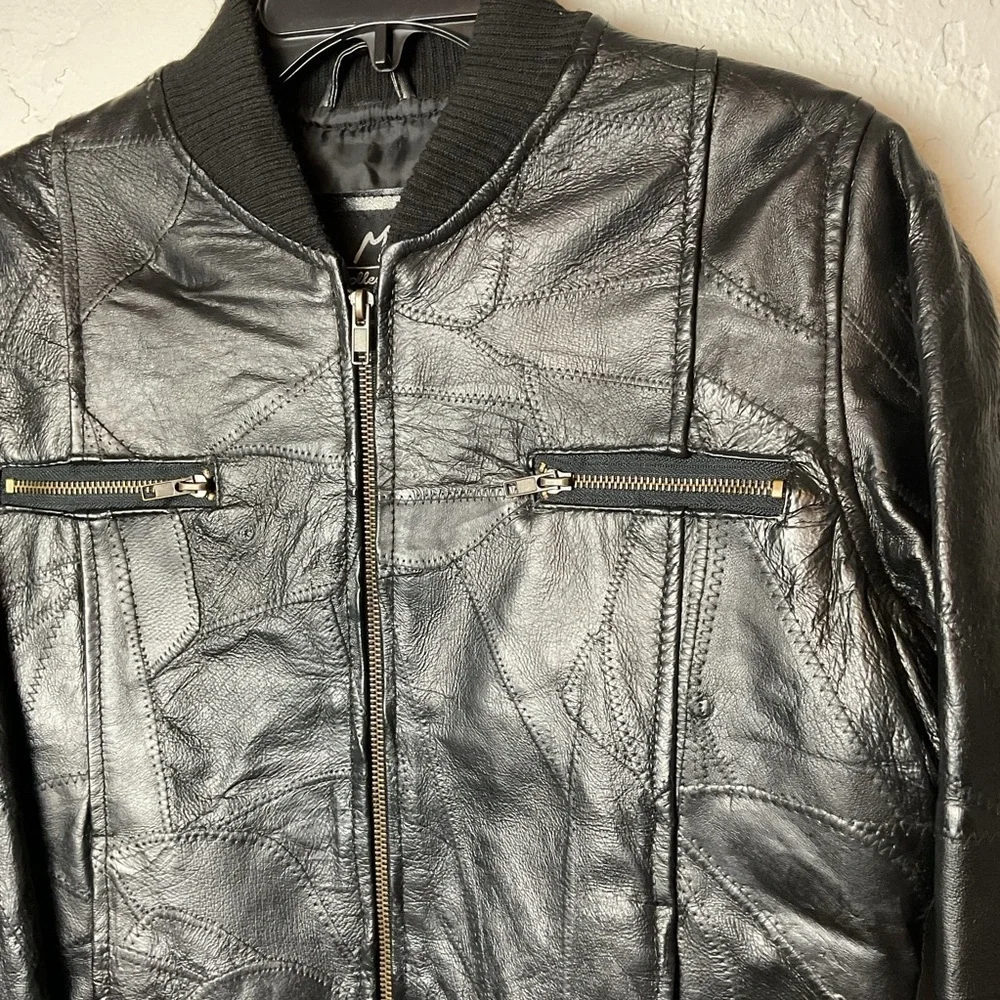 M. Collection Women’s Black Leather Patchwork Zip Up Bomber Jacket Sz Med